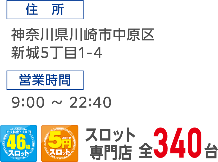 住所：神奈川県川崎市中原区新城5丁目1-4 営業時間：9:00 ～ 22:40